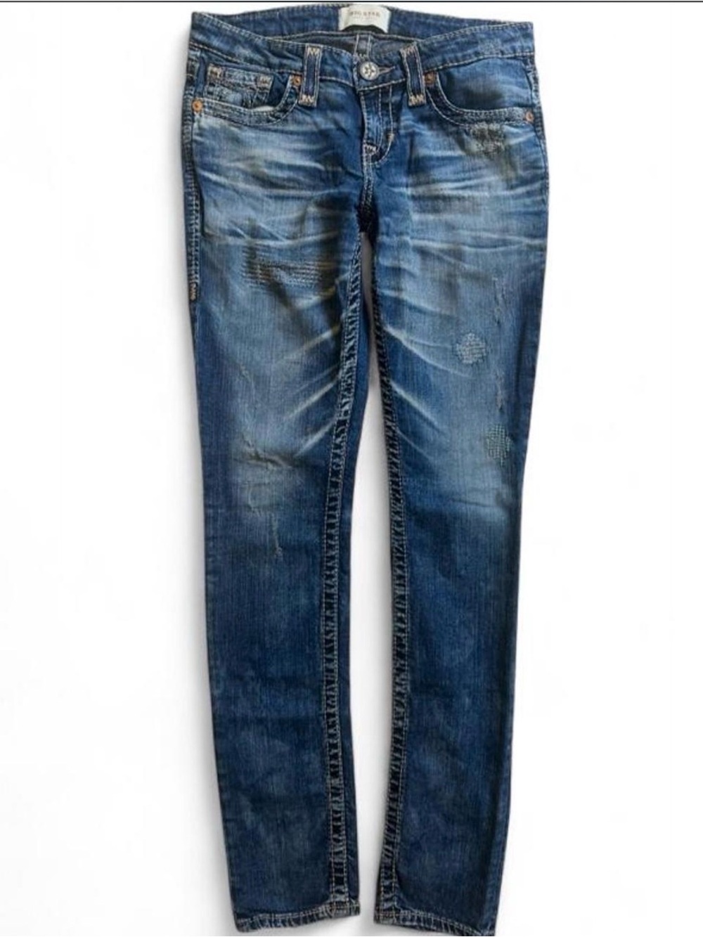 Big Star Women's Distressed Skinny Jeans in Medium Wash Blue